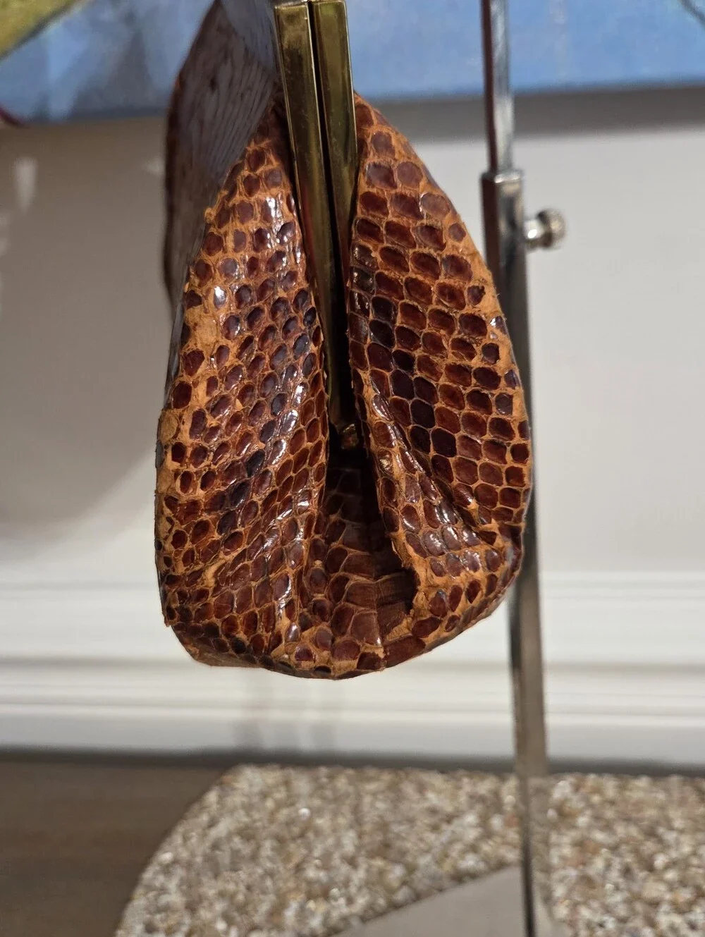 Vintage Genuine Snakeskin Handbag Brown Python Leather Framed Purse Clasp Close